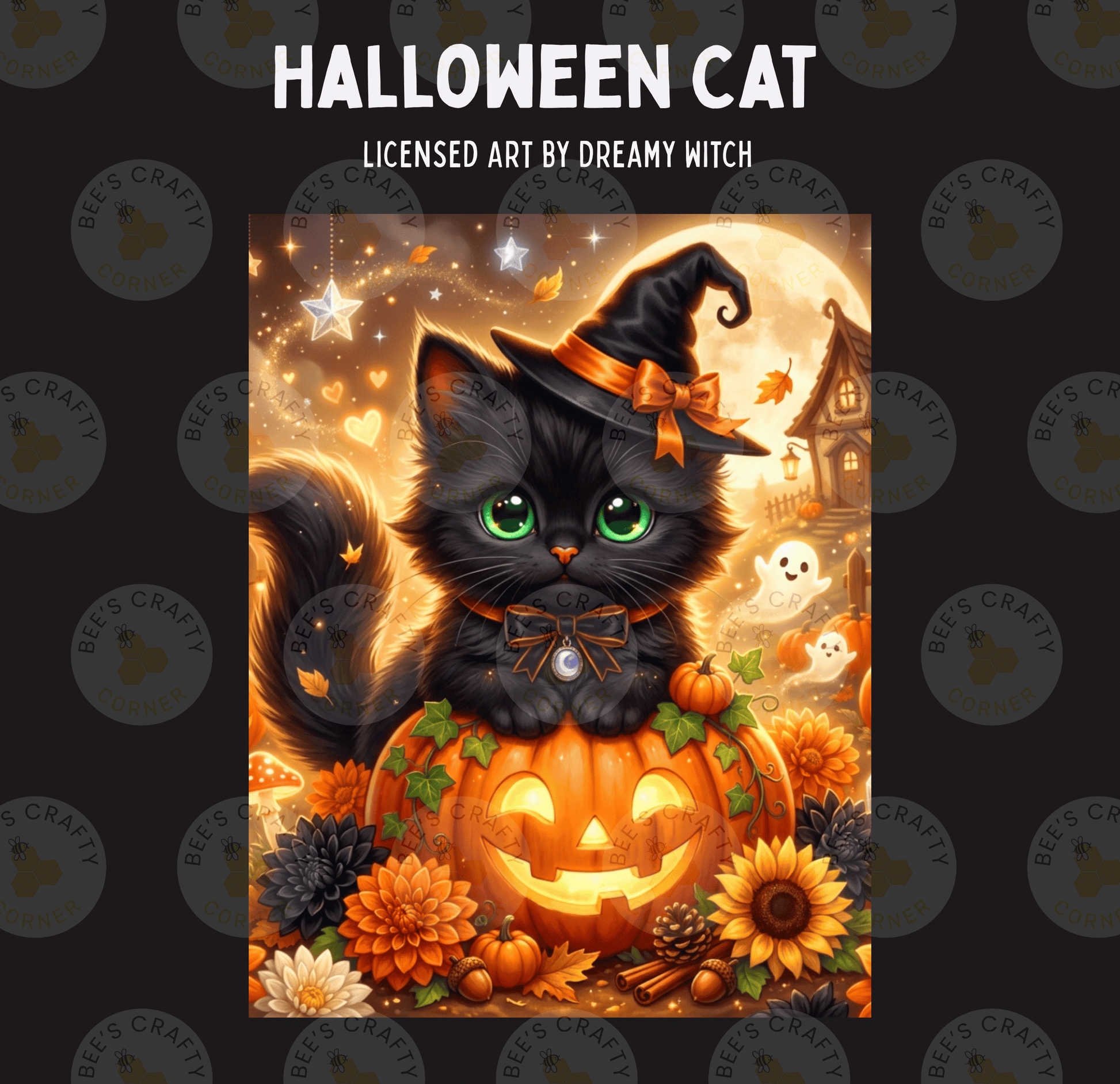 A Halloween-themed illustration featuring a black cat wearing a witch's hat, sitting on a carved pumpkin surrounded by flowers, leaves, and a full moon.