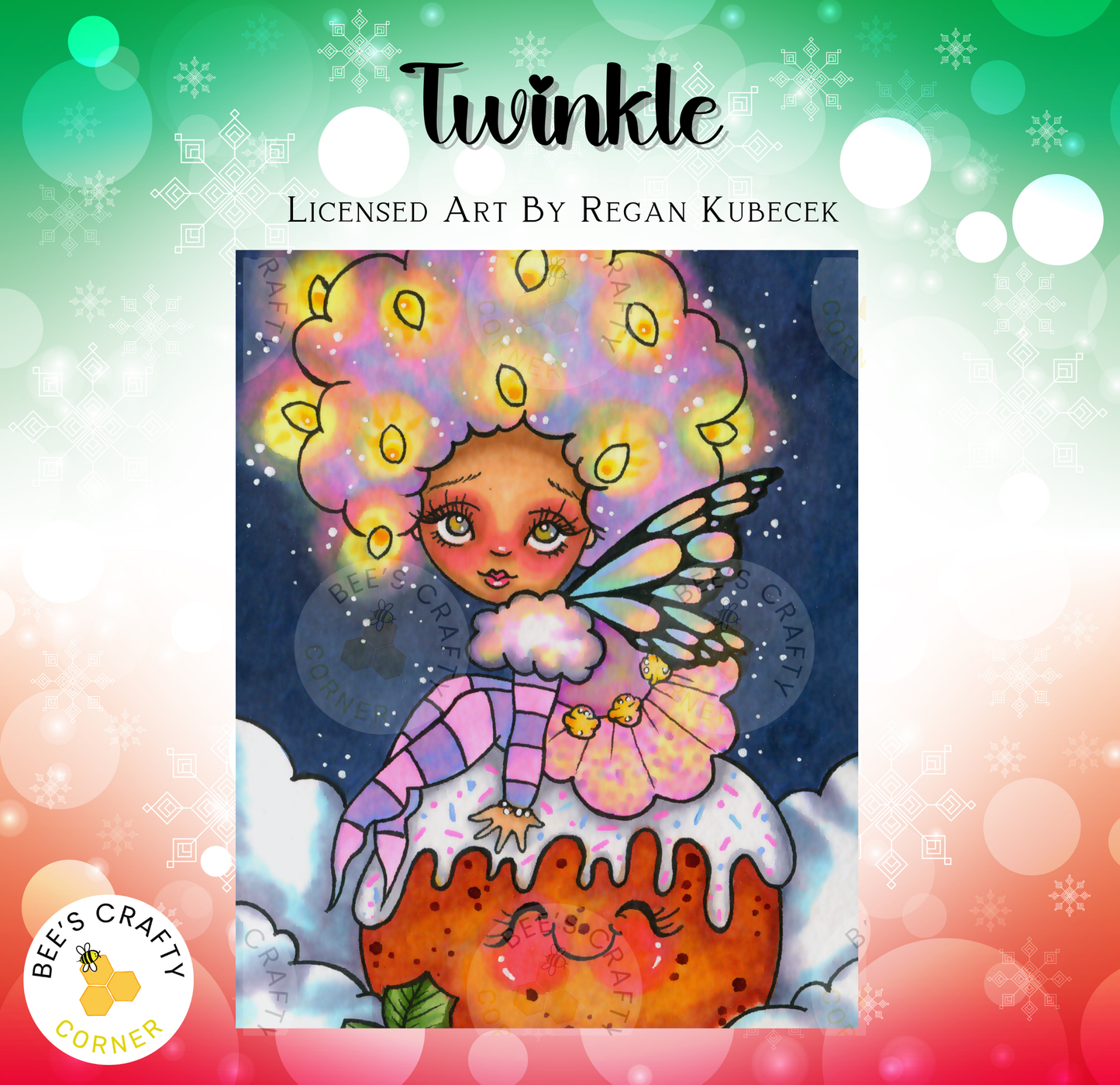 The image is a vibrant illustration featuring a whimsical fairy with a large, colorful headdress and wings, sitting atop a cake with a face drawn on it. The background is a dark blue color with white snowflakes scattered throughout, creating a festive and magical atmosphere.