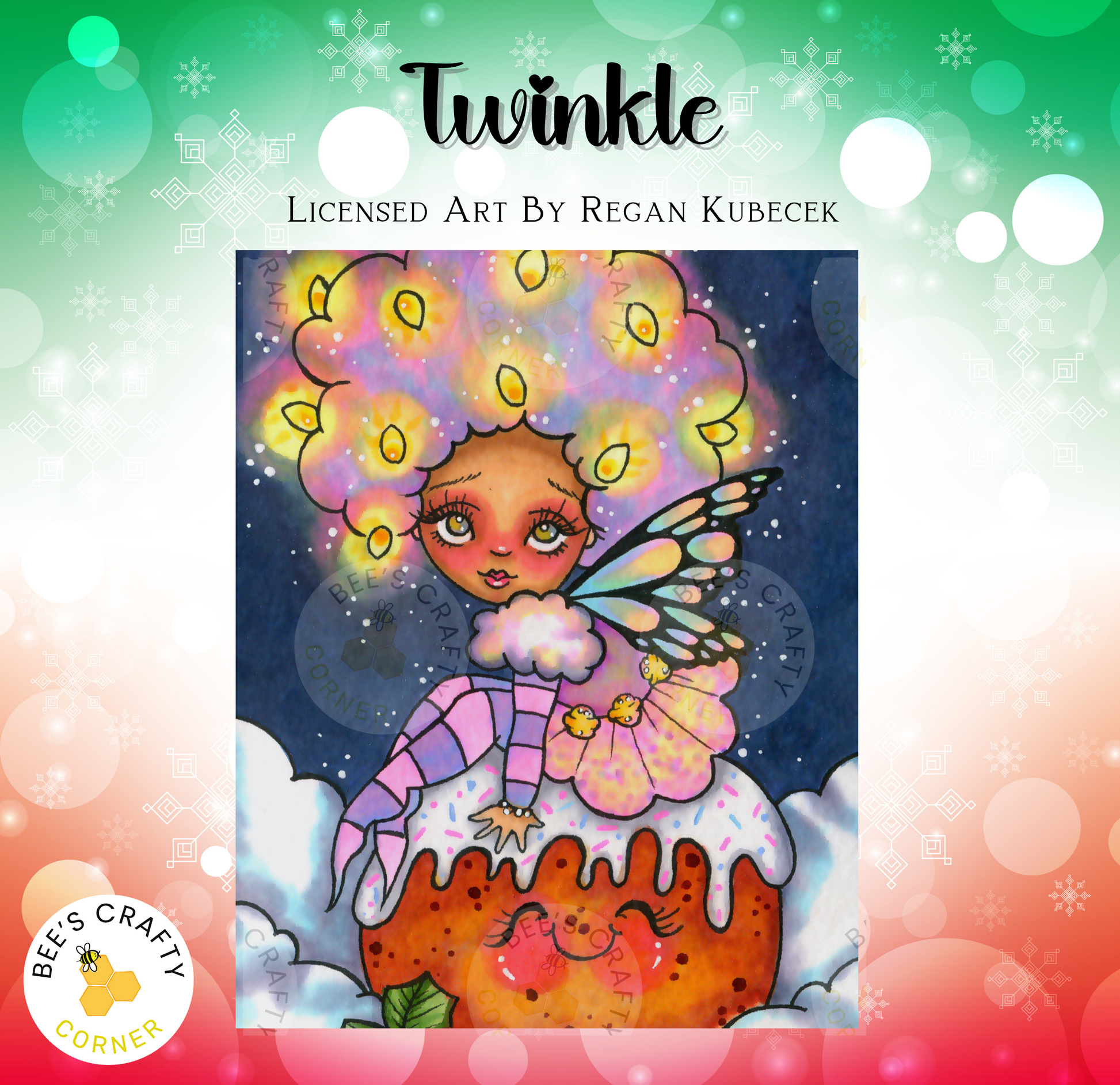 The image is a vibrant illustration featuring a whimsical fairy with a large, colorful headdress and wings, sitting atop a cake with a face drawn on it. The background is a dark blue color with white snowflakes scattered throughout, creating a festive and magical atmosphere.