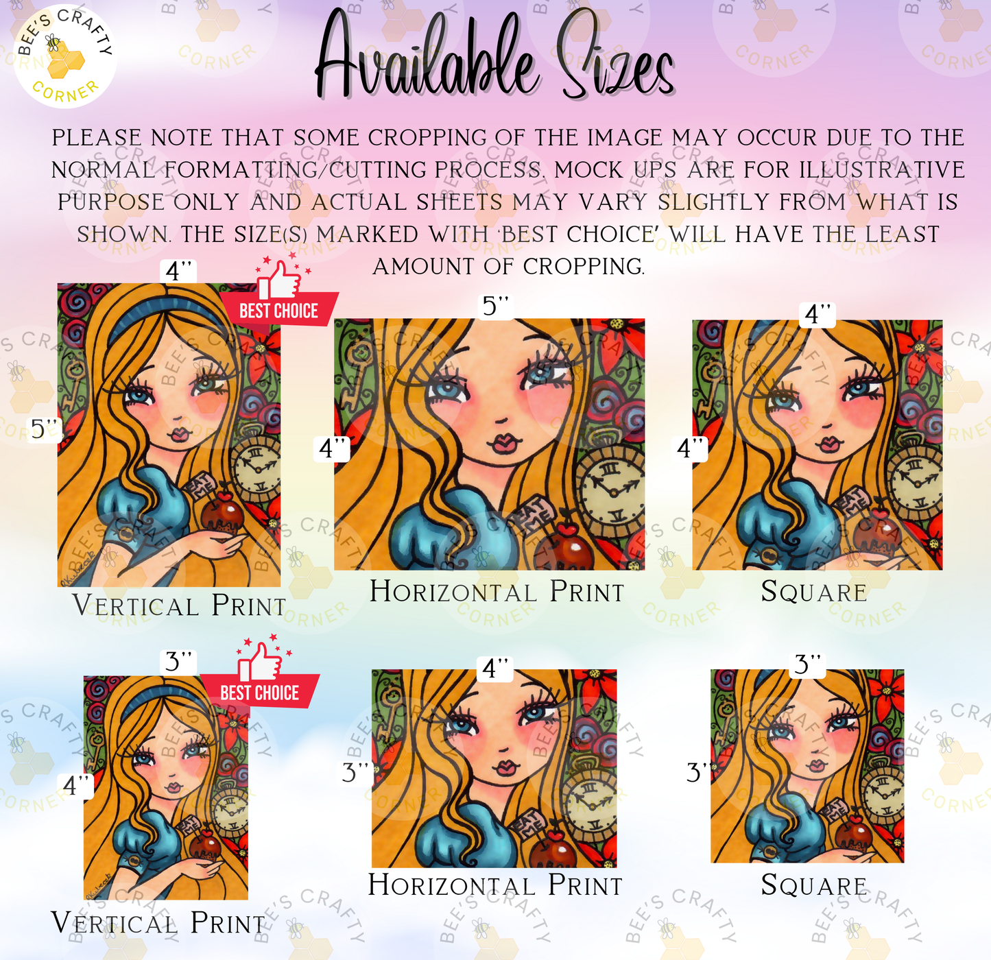 The image is a collage of six different sizes of illustrations featuring a blonde woman with a blue dress and a clock. The illustrations are labeled with their respective sizes, including "Vertical Print", "Horizontal Print", "Horizontal Print", "Vertical Print", "Horizontal Print", and "Vertical Print".