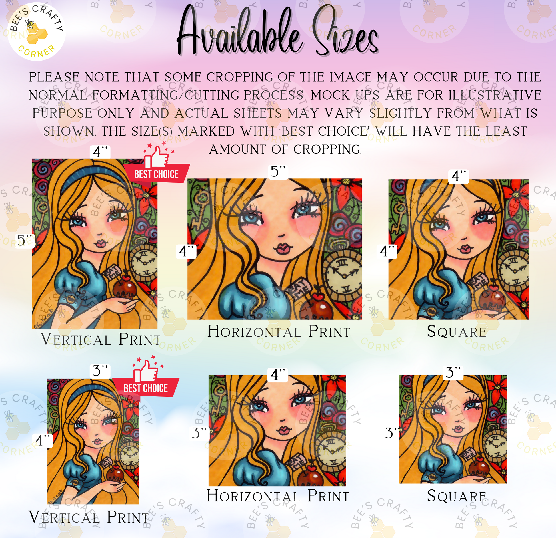 The image is a collage of six different sizes of illustrations featuring a blonde woman with a blue dress and a clock. The illustrations are labeled with their respective sizes, including "Vertical Print", "Horizontal Print", "Horizontal Print", "Vertical Print", "Horizontal Print", and "Vertical Print".