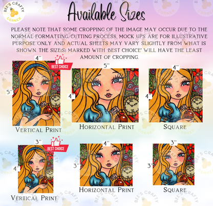 The image is a collage of six different sizes of illustrations featuring a blonde woman with a blue dress and a clock. The illustrations are labeled with their respective sizes, including "Vertical Print", "Horizontal Print", "Horizontal Print", "Vertical Print", "Horizontal Print", and "Vertical Print".