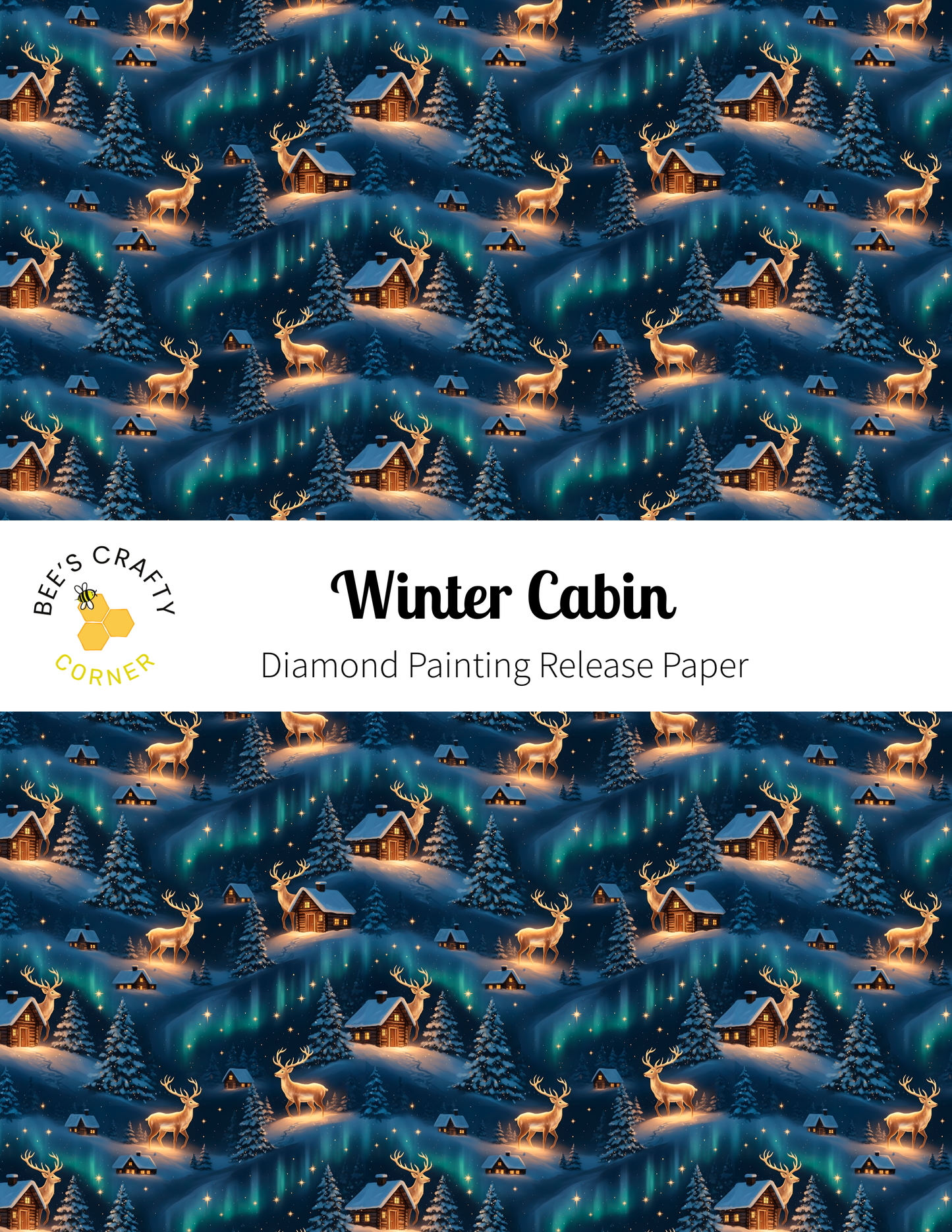 The image is a repeating pattern of winter scenes, including snow-covered houses, trees, and reindeer, all illuminated by a warm, glowing effect.