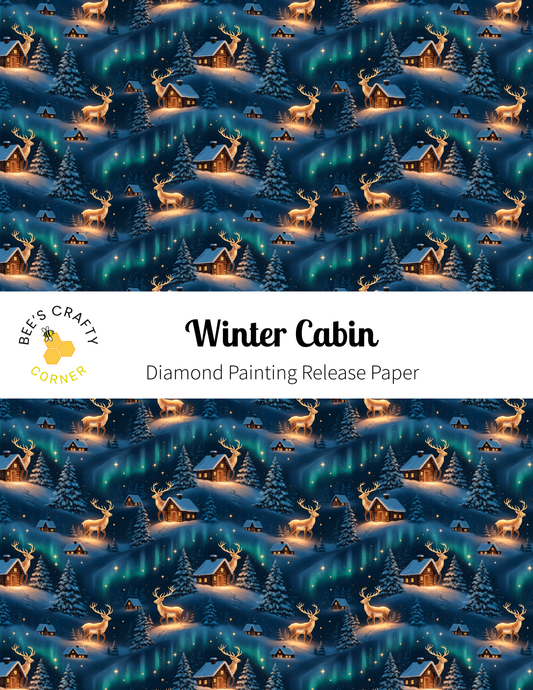 The image is a repeating pattern of winter scenes, including snow-covered houses, trees, and reindeer, all illuminated by a warm, glowing effect.