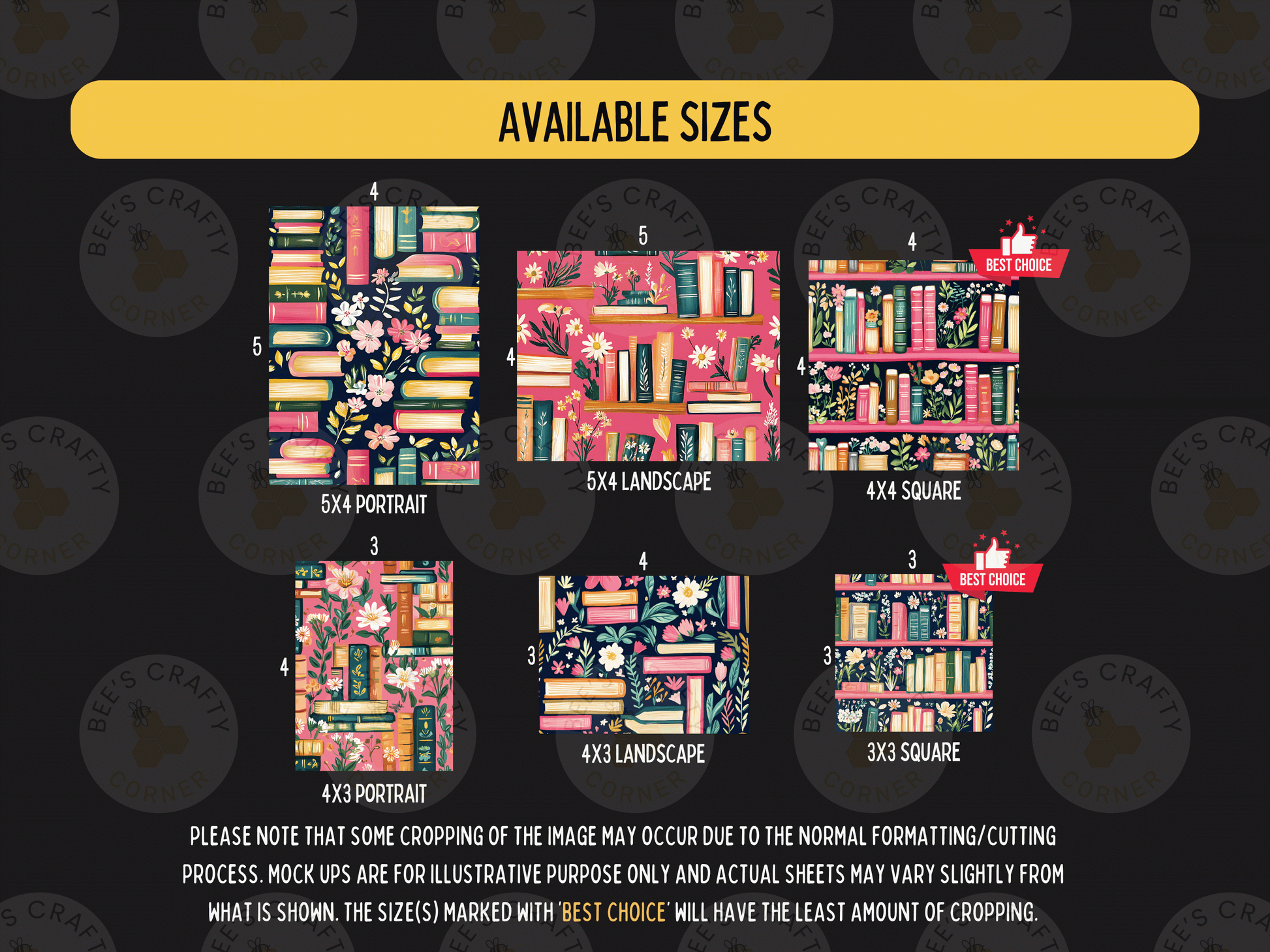 The image is a collection of six different book-themed designs, each with a different size and style. The available sizes are 5x4, 5x5, 5x6, 5x7, 5x8, and 5x9. The designs include a 5x4 portrait, a 5x5 landscape, a 5x6 square, a 5x7 landscape, a 5x8 square, and a 5x9 square. The sizes are varied, showcasing the versatility of the designs.