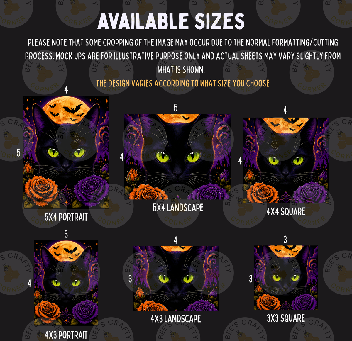 a collage of six different sizes of Halloween-themed cat portraits, each with a unique design and color scheme. The cats have green eyes and are surrounded by pumpkins, bats, and other Halloween-inspired elements. The sizes of the cat portraits vary, ranging from 5x4 to 3x3, and the accompanying descriptions provide information about the design and size of each portrait.