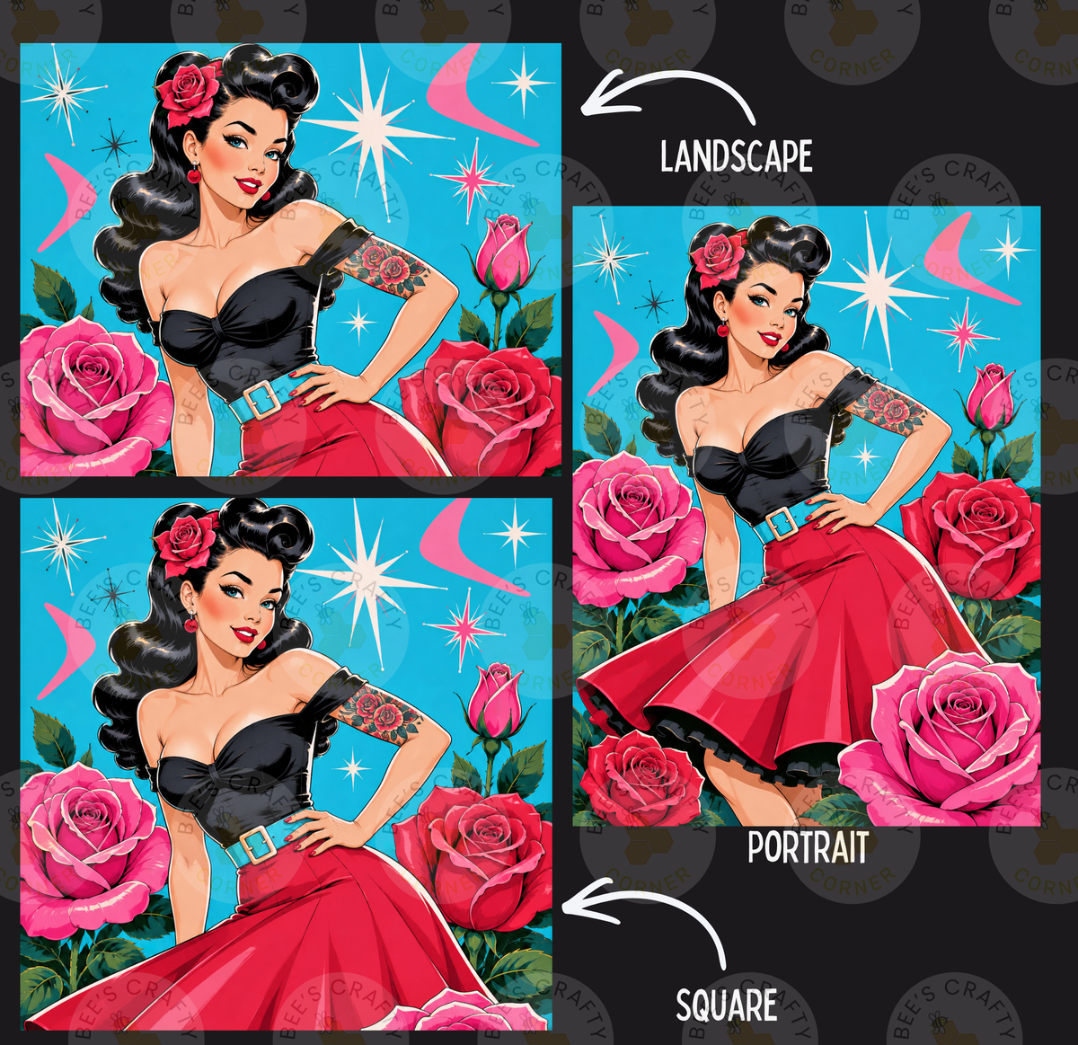 The image is a collage of three images featuring a woman in a red dress and a flower, with the words "LANDSCAPE" and "PORTRAIT" indicating the different artistic styles used.