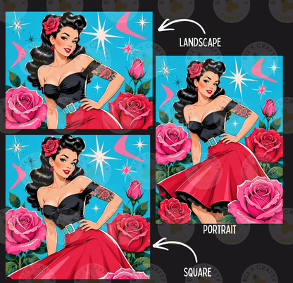 The image is a collage of three images featuring a woman in a red dress and a flower, with the words "LANDSCAPE" and "PORTRAIT" indicating the different artistic styles used.