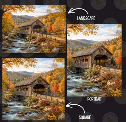 The image is a collage of three pictures depicting a scenic landscape with a wooden covered bridge over a stream, surrounded by autumn foliage.