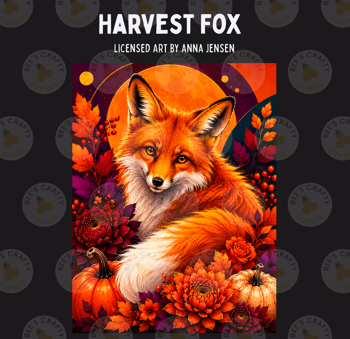 The image is a vibrant and detailed illustration of a fox surrounded by autumn foliage, including pumpkins, flowers, and leaves. The fox is the central focus, with the colorful background creating a festive and seasonal atmosphere.