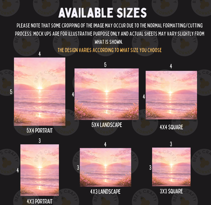 a collection of six different sizes of landscape and portrait photographs, each depicting a sunset over a body of water. The sizes range from 5x4 to 5x3, and the images vary in their composition and style. The text indicates that some cropping may occur during the normal formatting process, and that mock-ups are available for illustrative purposes only. The actual sheets may vary slightly from what is shown.