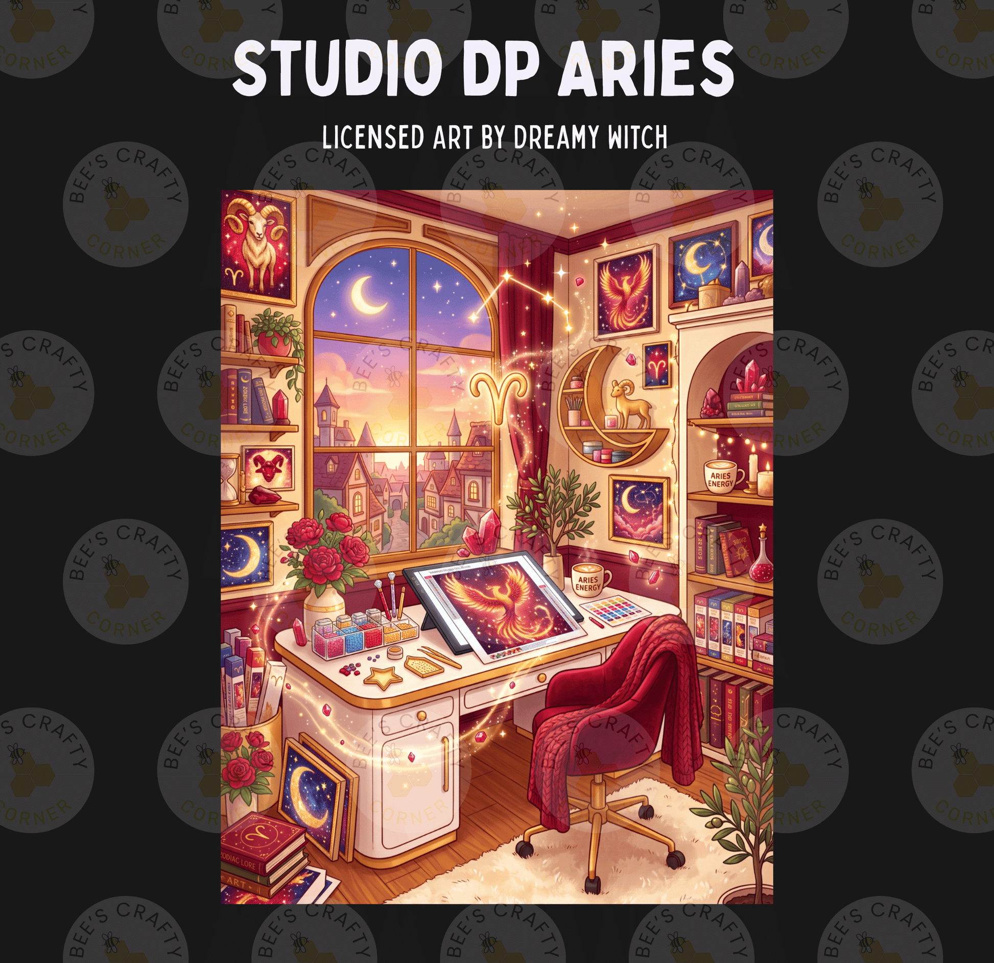 The image is a vibrant and detailed illustration of a studio space, featuring a desk with a computer, a large window offering a view of a city skyline, and various decorative elements such as plants, books, and artwork.