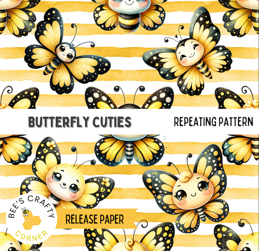 The image is a repeating pattern of cartoon-style butterflies in shades of yellow and black, with some of them appearing to be smiling. The pattern is set against a striped background, creating a visually appealing and playful design.