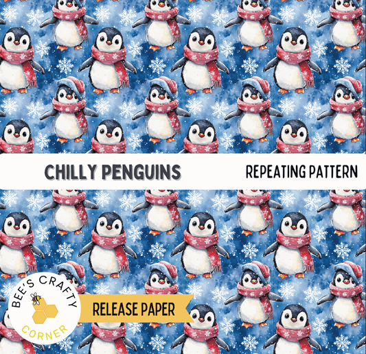 The image is a repeating pattern of chilly penguins wearing red scarves and hats against a blue background with snowflakes.