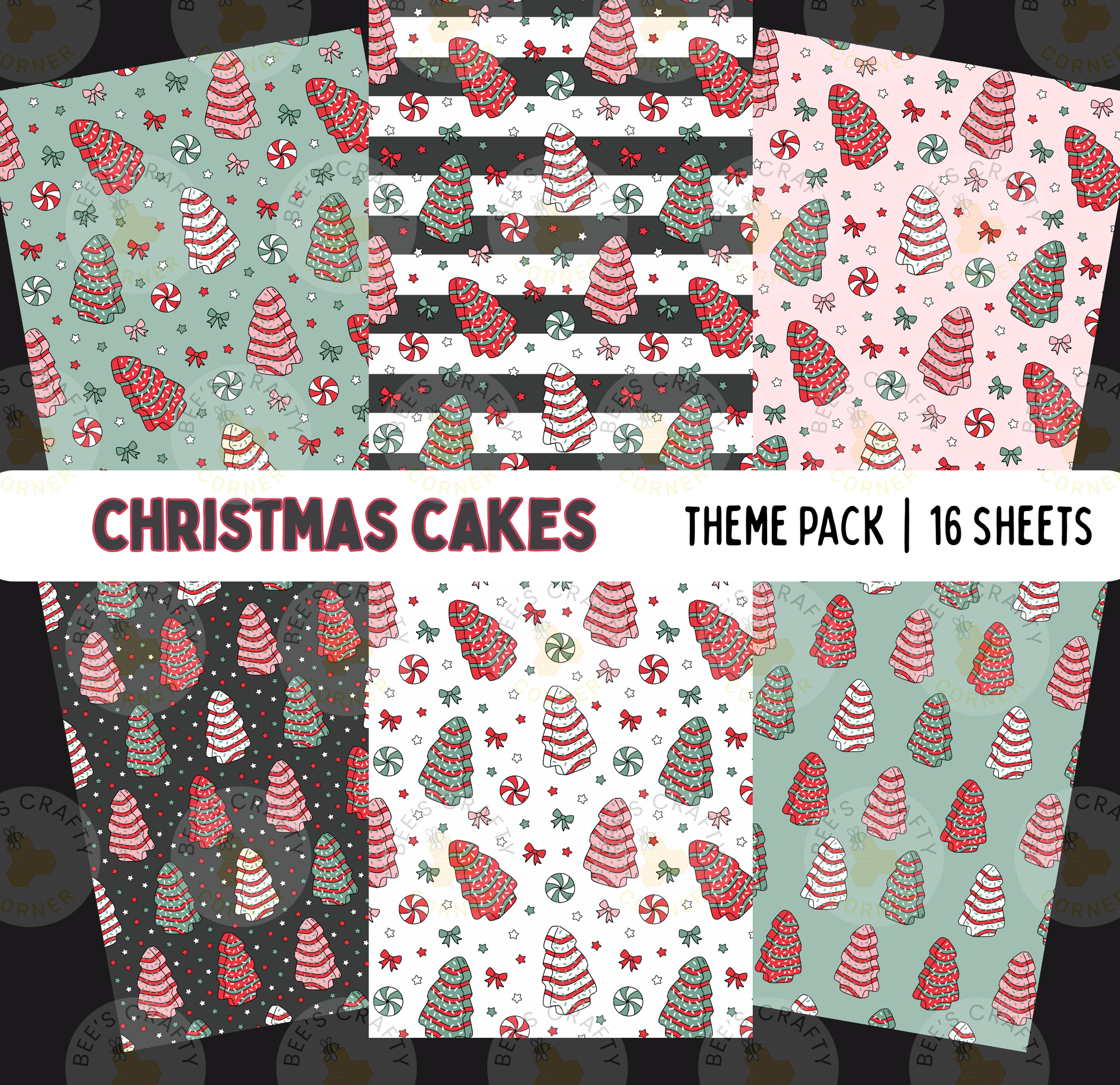 a collection of Christmas-themed pattern designs, including Christmas trees, candy canes, and other festive elements. The patterns are arranged in a grid format, with each design featuring a variety of colors and shapes, creating a visually appealing and festive collage.