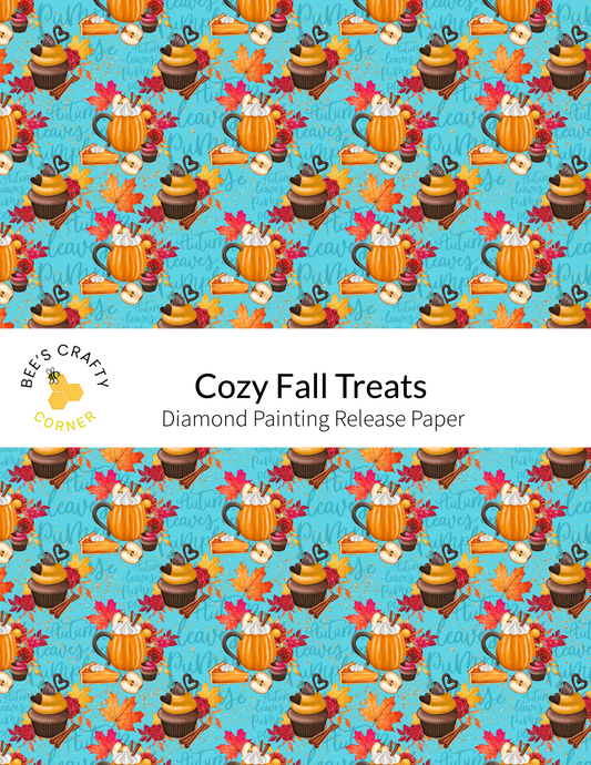 The image is a repeating pattern of various fall-themed objects, including pumpkins, apples, and mugs, against a blue background. The pattern is designed to resemble a cozy fall treat, with the objects arranged in a visually appealing and festive manner.