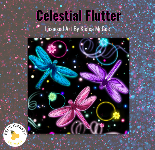 The image is a vibrant and colorful illustration featuring three dragonflies in shades of blue, pink, and purple against a starry night sky background.