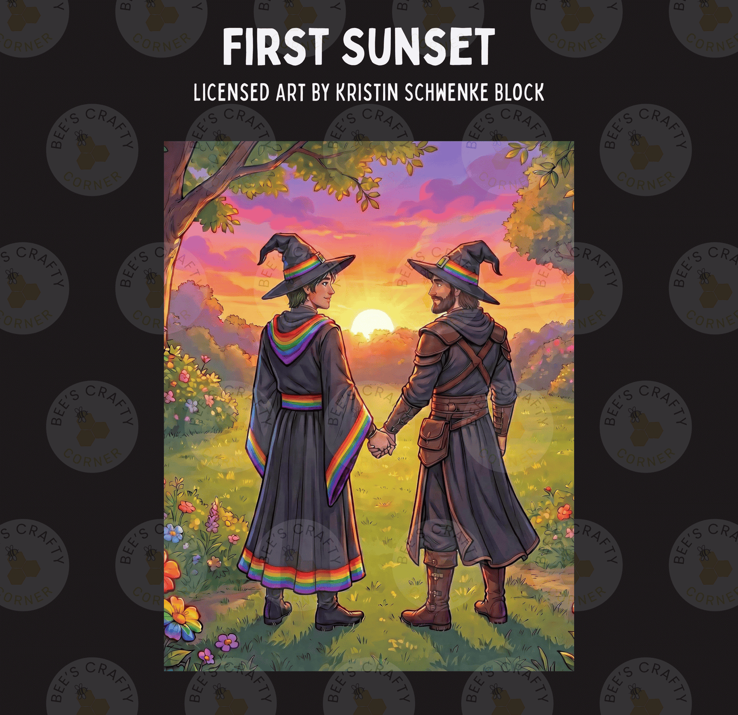 The image is a colorful illustration depicting two individuals, a man and a woman, standing together in a field with a sunset in the background.