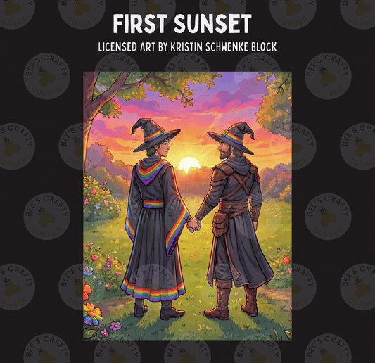 The image is a colorful illustration depicting two individuals, a man and a woman, standing together in a field with a sunset in the background.