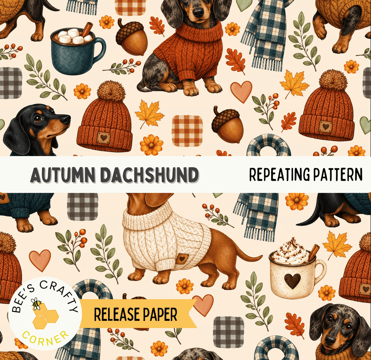 The image is a repeating pattern featuring illustrations of dachshund dogs wearing sweaters, hats, and scarves, along with autumn-themed elements such as leaves, flowers, and pumpkins.
