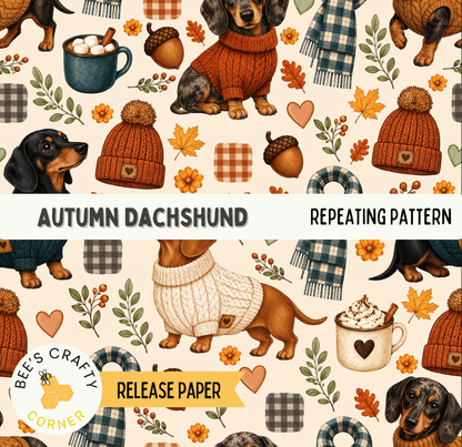 The image is a repeating pattern featuring illustrations of dachshund dogs wearing sweaters, hats, and scarves, along with autumn-themed elements such as leaves, flowers, and pumpkins.