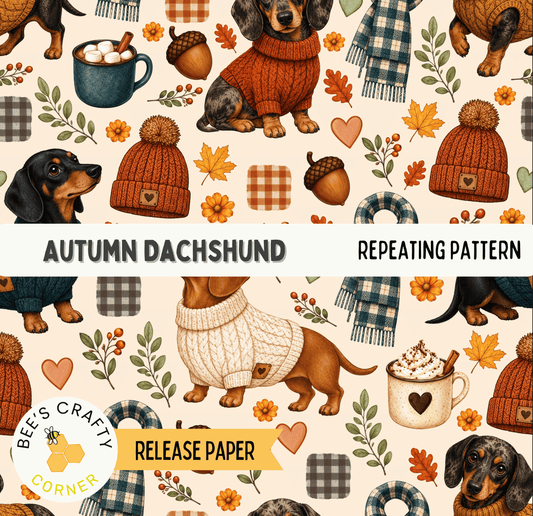 The image is a repeating pattern featuring illustrations of dachshund dogs wearing sweaters, hats, and scarves, along with autumn-themed elements such as leaves, flowers, and pumpkins.