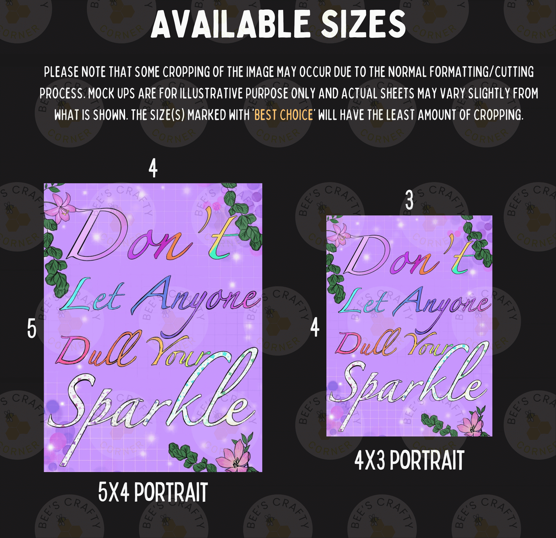 text and illustrations related to the size of the artwork. The text is in a purple color and is accompanied by illustrations of flowers and leaves. The text and illustrations are arranged in a grid format, with the sizes of the artwork displayed next to them.