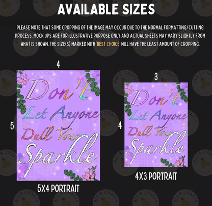 text and illustrations related to the size of the artwork. The text is in a purple color and is accompanied by illustrations of flowers and leaves. The text and illustrations are arranged in a grid format, with the sizes of the artwork displayed next to them.