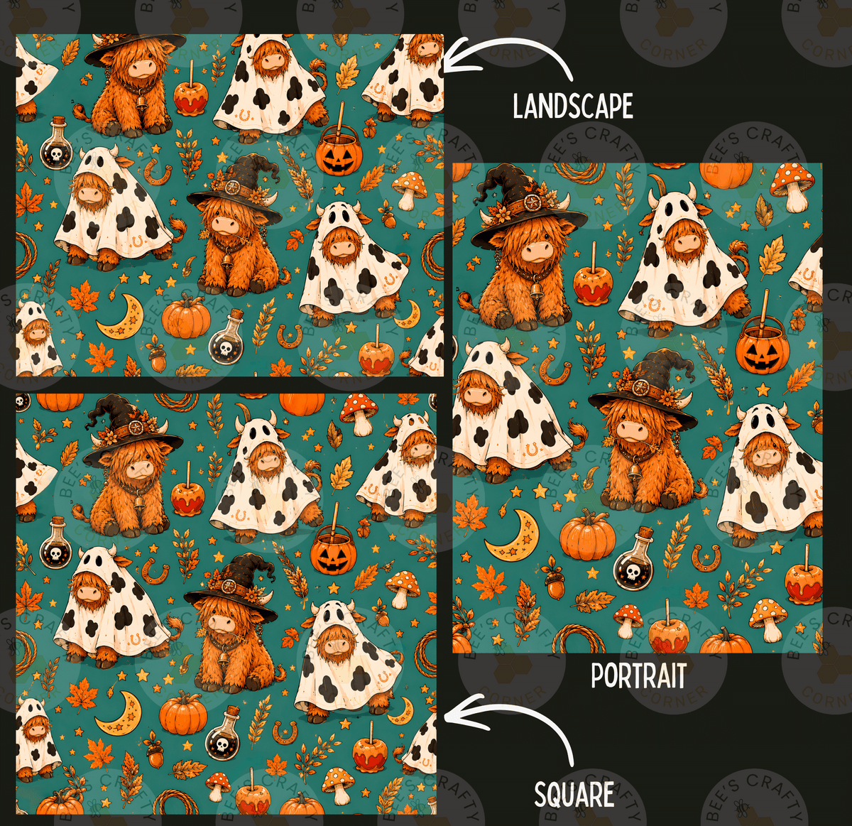 a repeating pattern of Halloween-themed illustrations, including ghostly figures, pumpkins, bats, and other spooky elements. The pattern is divided into three sections, each labeled with the appropriate description: "LANDscape", "PORTRAIT", and "SQUARE".