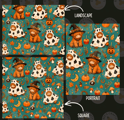 a repeating pattern of Halloween-themed illustrations, including ghostly figures, pumpkins, bats, and other spooky elements. The pattern is divided into three sections, each labeled with the appropriate description: "LANDscape", "PORTRAIT", and "SQUARE".