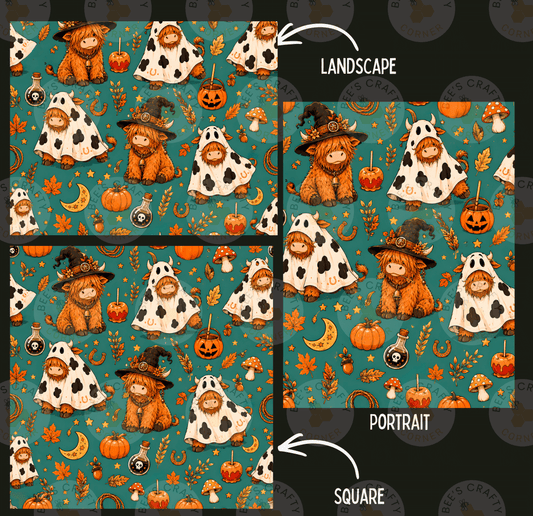 a repeating pattern of Halloween-themed illustrations, including ghostly figures, pumpkins, bats, and other spooky elements. The pattern is divided into three sections, each labeled with the appropriate description: "LANDscape", "PORTRAIT", and "SQUARE".