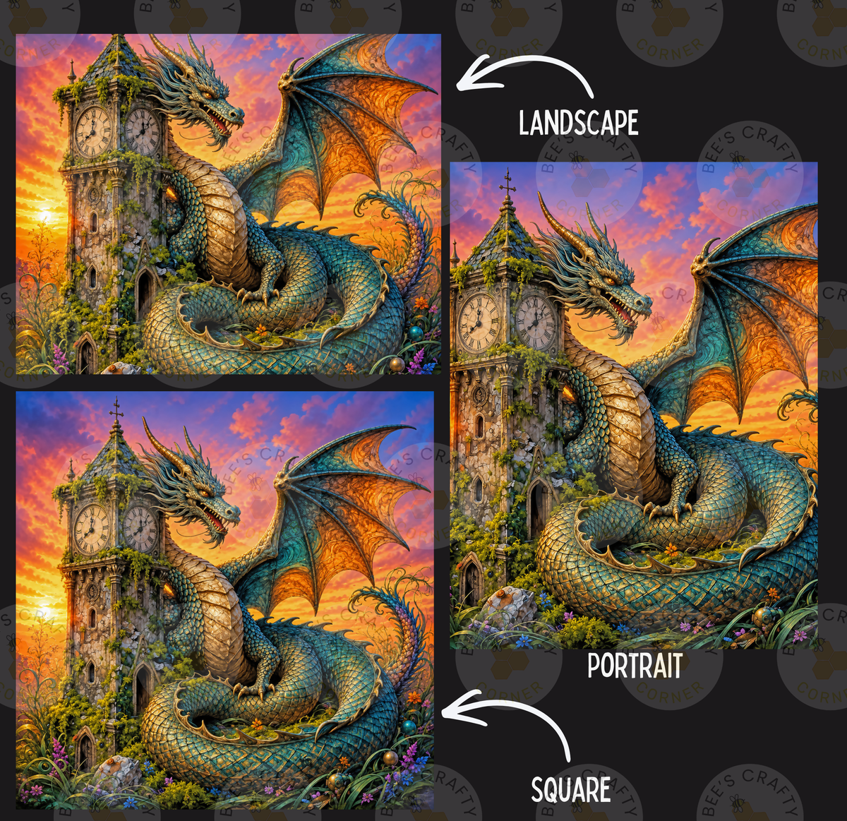 The image is a collage of three pictures depicting a large, colorful dragon with a castle in the background. The dragon is shown in different sizes and orientations, with the largest one being a landscape and the smallest one being a portrait. The castle is also depicted in various sizes and orientations, with the largest one being a landscape and the smallest one being a portrait. The images are labeled "LANDSCAPE" and "PORTRAIT" to indicate the type of the image.