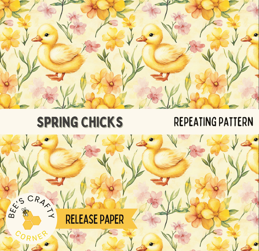 The image is a repeating pattern of yellow ducks surrounded by colorful flowers, including pink, yellow, and orange blooms. The pattern is designed to resemble a springtime scene, with the ducks and flowers creating a cheerful and vibrant visual effect.