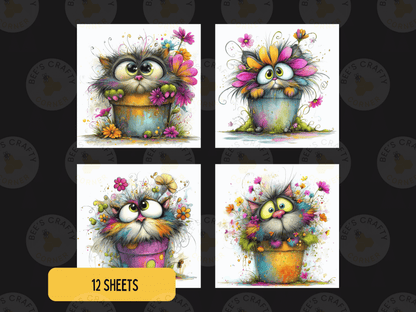 four colorful and whimsical illustrations of cats sitting in flower pots, each with unique facial expressions and floral designs.