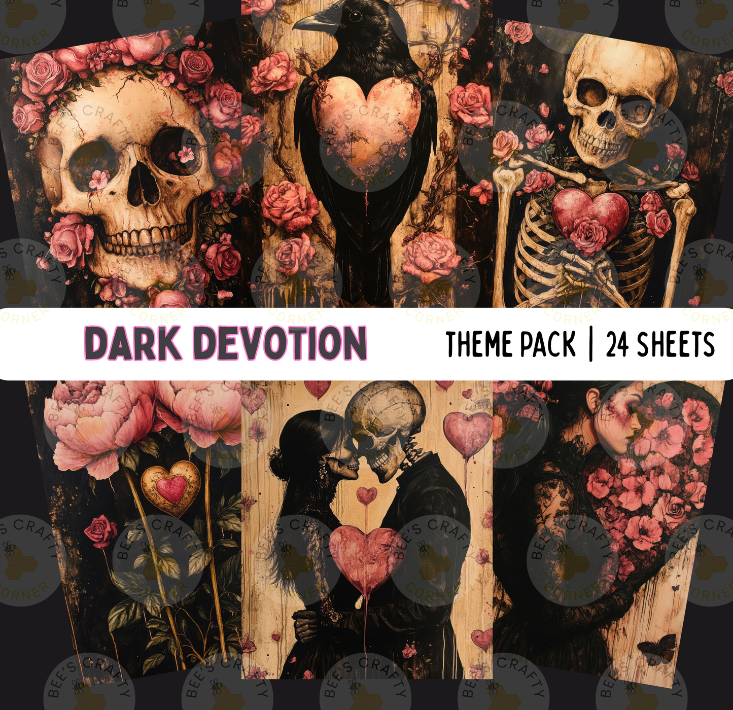 The image is a theme pack containing 24 sheets of artwork, featuring various artistic elements such as skulls, roses, and hearts.