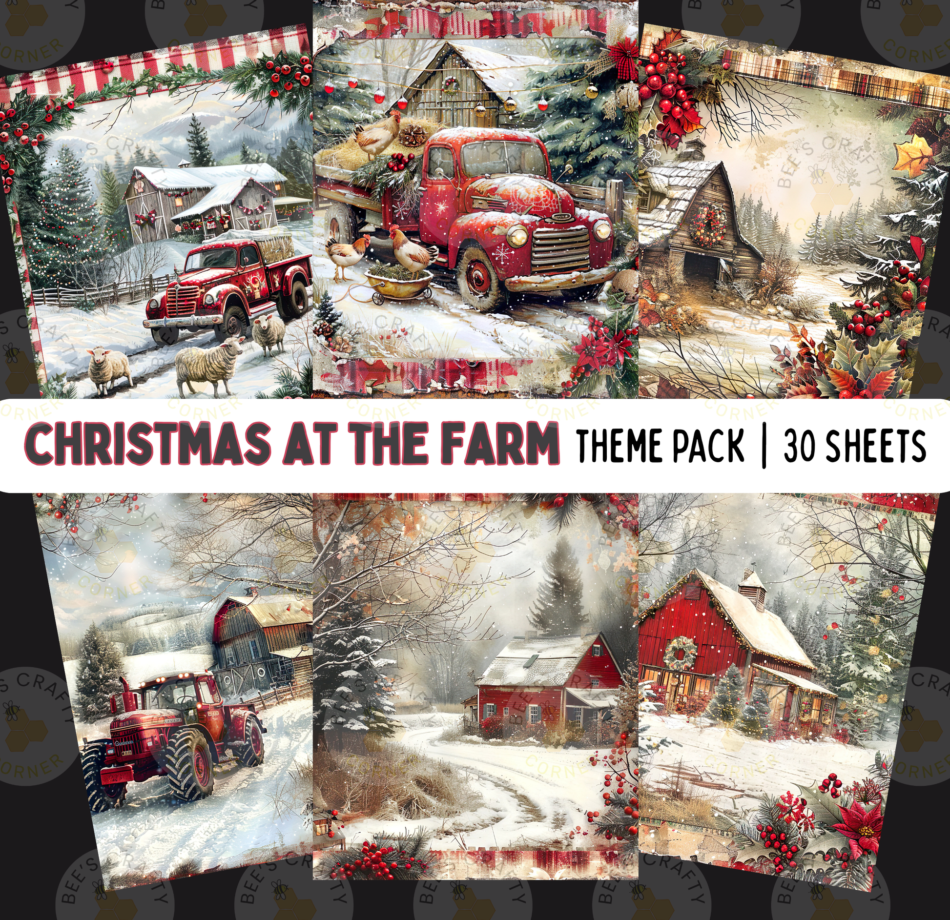 The image is a collage of six pictures depicting a winter scene on a farm, with red trucks, barns, and trees covered in snow.