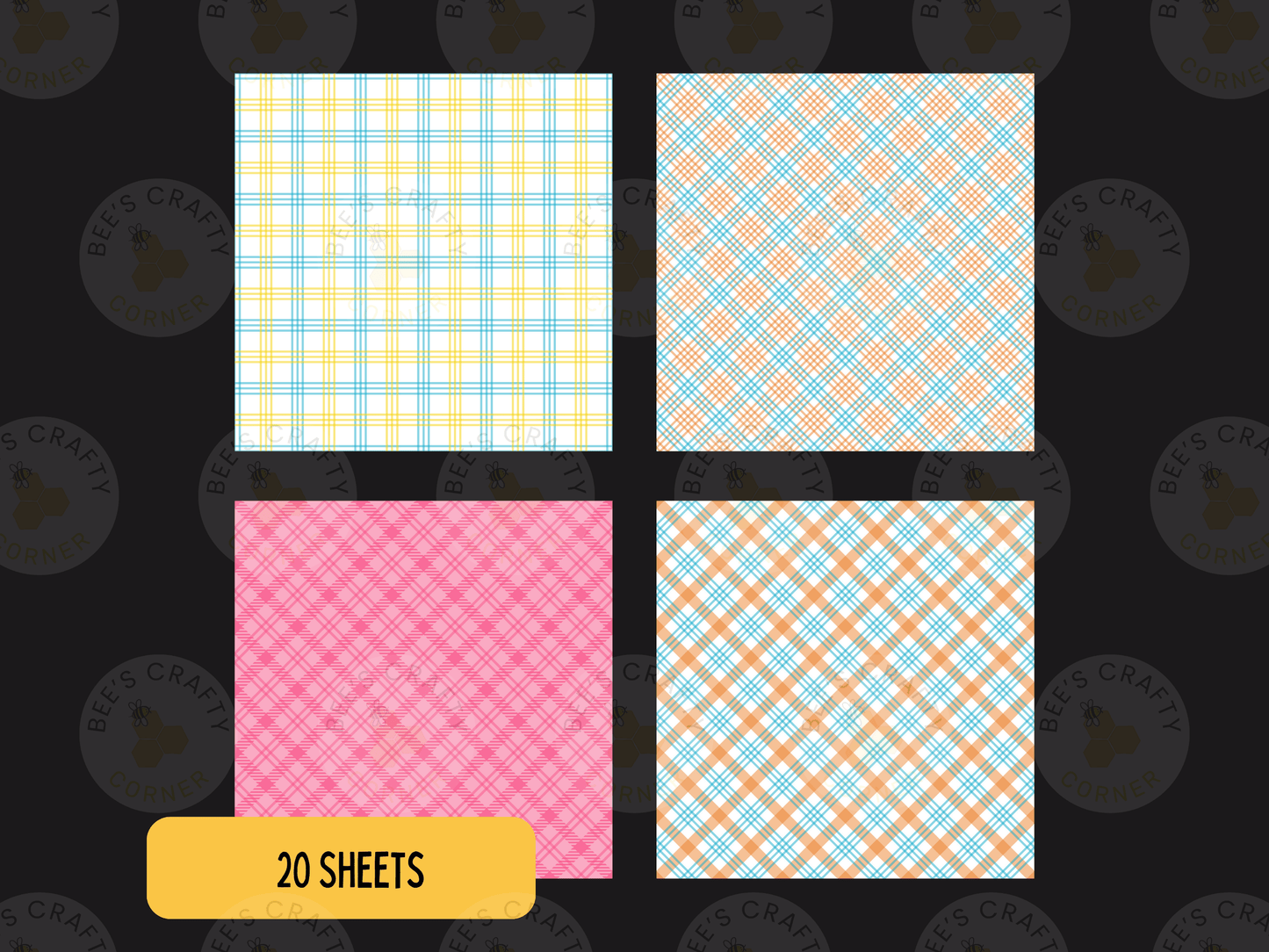 four square patterns with different plaid designs, including a yellow and blue plaid pattern, a pink and blue plaid pattern, a blue and orange plaid pattern, and a pink and orange plaid pattern.