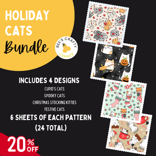 The image is an advertisement for a "Holiday Cats Bundle" that includes four different cat designs, with a total of 24 patterns. The bundle offers a 20% discount on the purchase.