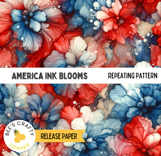 The image is a vibrant and colorful abstract pattern featuring a repeating pattern of red, white, and blue flowers or shapes.