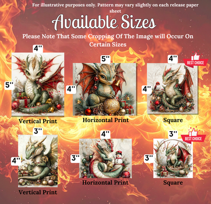 The image is a collection of six dragon-themed artworks, each with a different size and style, displayed against a fiery background.