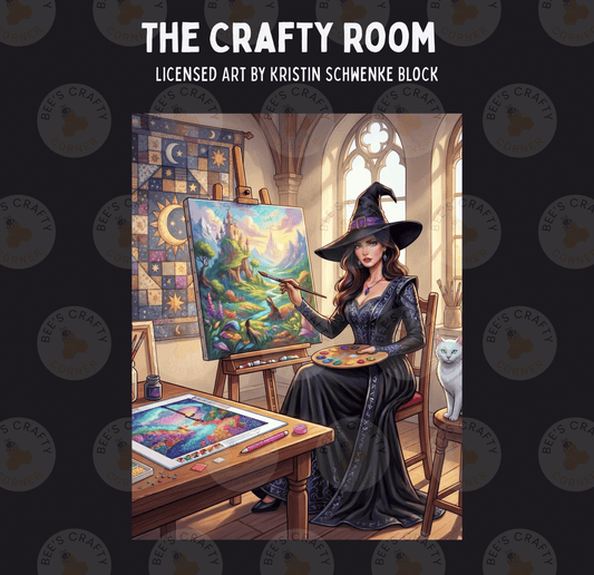 a woman dressed as a witch, sitting at a table and painting a landscape on a canvas.