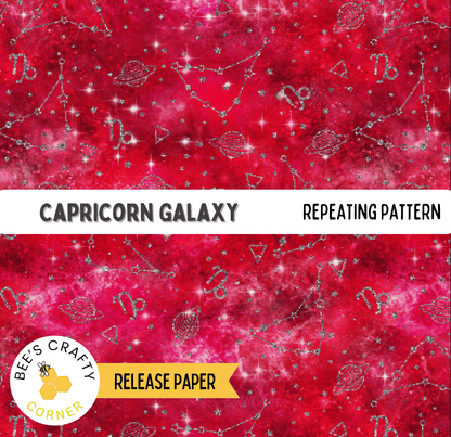 The image is a repeating pattern of the Capricorn Galaxy, a zodiac sign, against a red background with white stars and celestial objects.