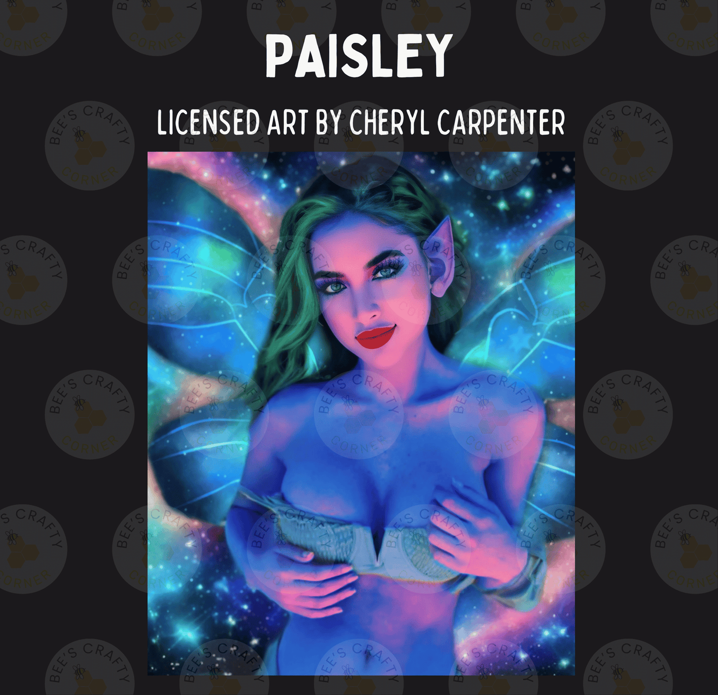 The image is a digital artwork depicting a woman with green hair and a blue body, surrounded by a cosmic background with stars and a blue and purple color scheme.