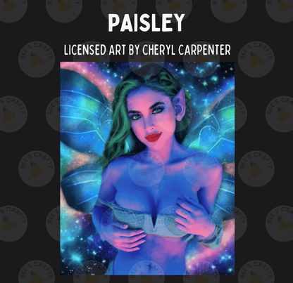 The image is a digital artwork depicting a woman with green hair and a blue body, surrounded by a cosmic background with stars and a blue and purple color scheme.