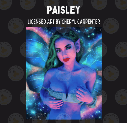 The image is a digital artwork depicting a woman with green hair and a blue body, surrounded by a cosmic background with stars and a blue and purple color scheme.
