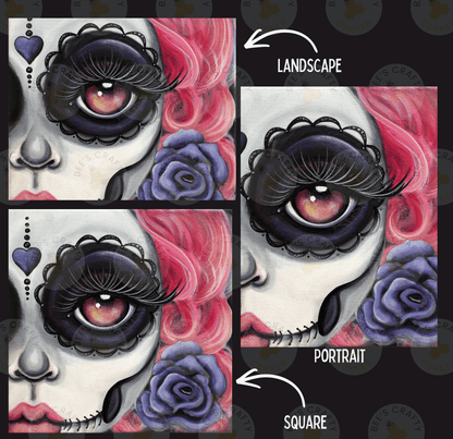 The image is a collage of three images depicting a sugar skull face with a landscape and portrait style.