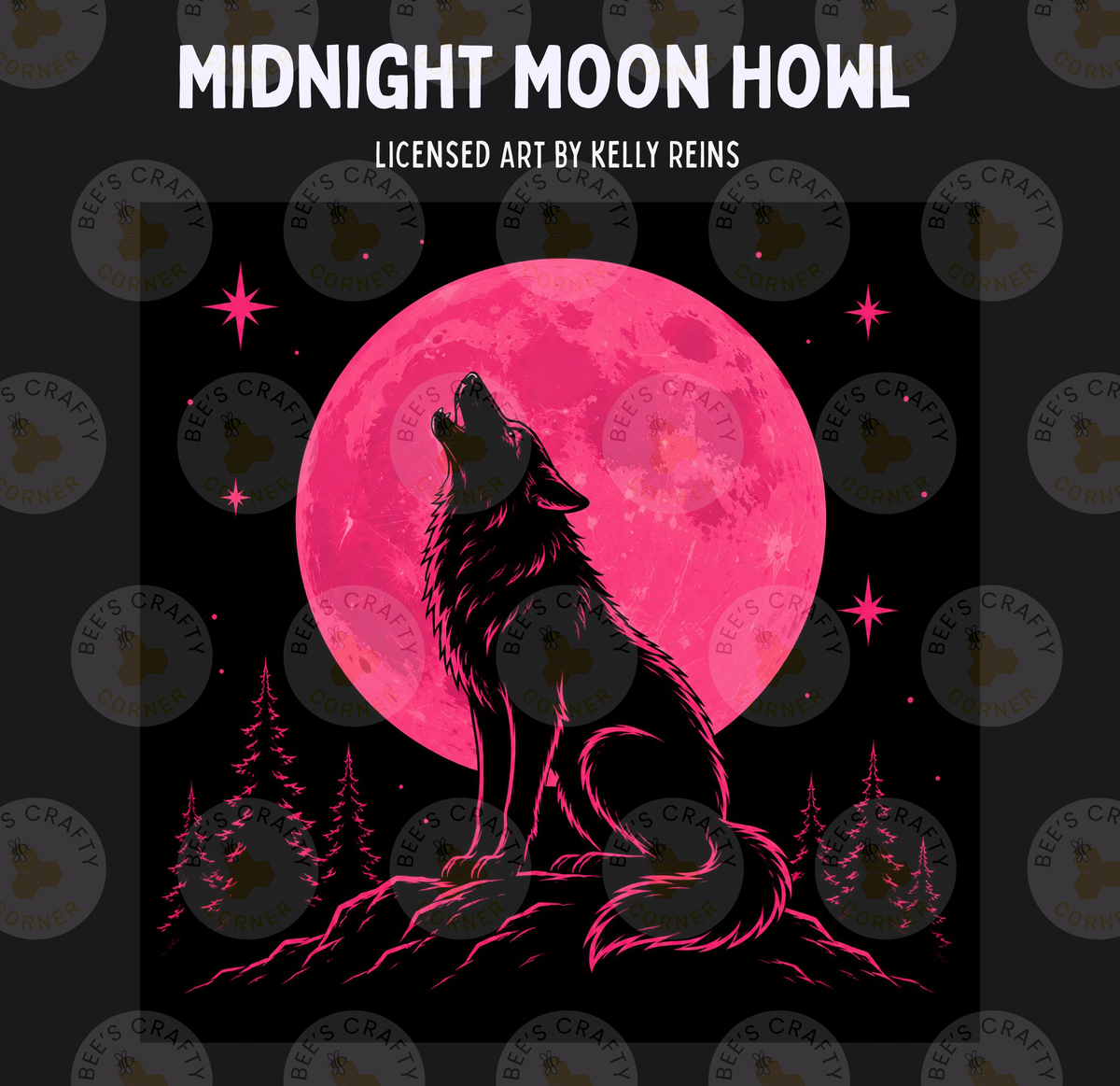 The image is a digital illustration featuring a wolf howling at a large, bright pink moon. The wolf is silhouetted against the moon, creating a striking contrast. The background is dark, with a few trees and stars scattered throughout. The overall composition is simple and visually appealing.