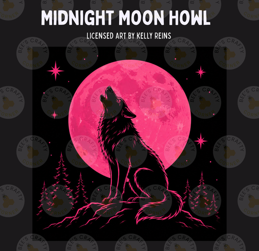 The image is a digital illustration featuring a wolf howling at a large, bright pink moon. The wolf is silhouetted against the moon, creating a striking contrast. The background is dark, with a few trees and stars scattered throughout. The overall composition is simple and visually appealing.