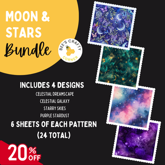 The image is an advertisement for a "Moon & Stars Bundle" that includes four designs, including celestial landscapes, galaxy, starry skies, and purple stardust. The bundle contains six sheets of each pattern, and there is a 20% discount.