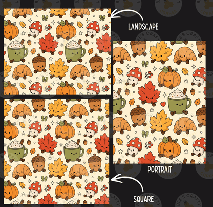 three square patterns with a variety of autumn-themed elements, including pumpkins, acorns, mushrooms, and leaves. The patterns are labeled as "Landscape" and "Portrait" to indicate their style and subject matter.